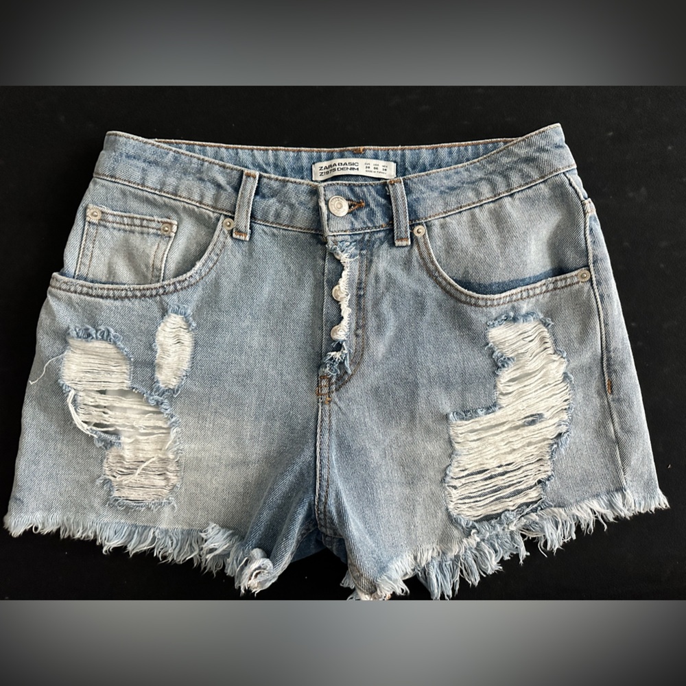 Zara Light Blue Distressed Jean Shorts